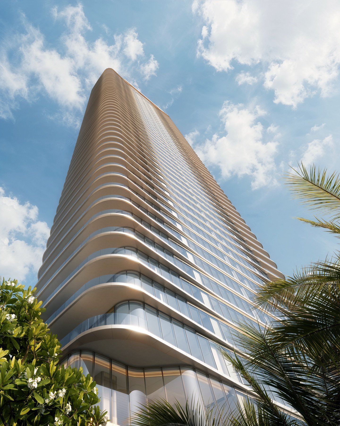 LILLI, Edgewater Miami — vista exterior desde un ángulo bajo de la torre curva de tonos bronce contra el cielo, render del desarrollador