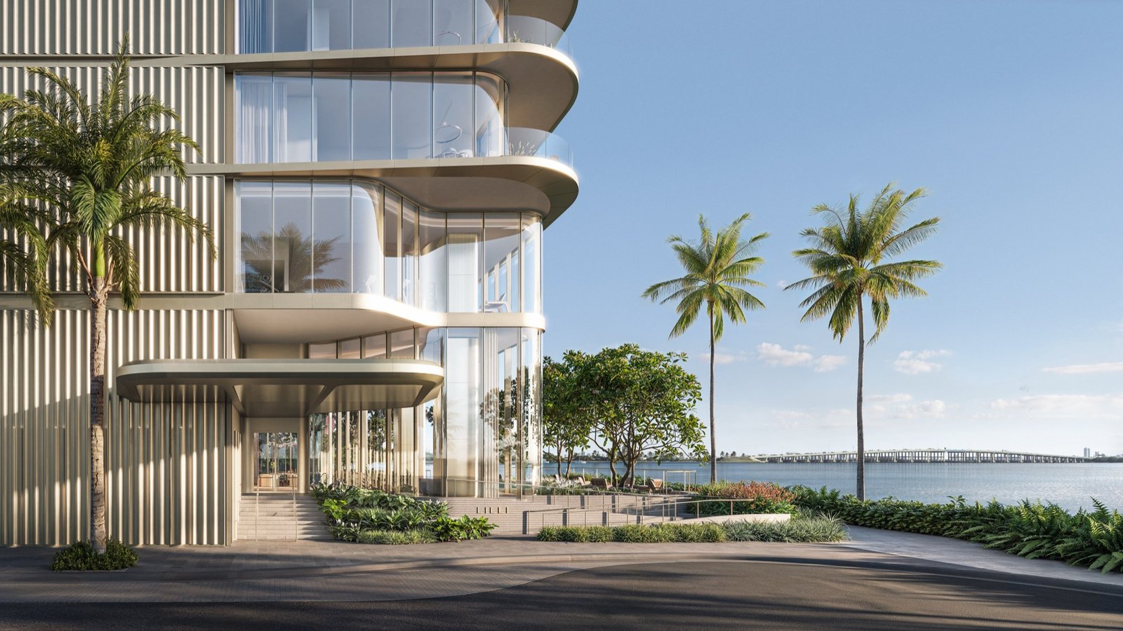 LILLI, Edgewater Miami — entrada a nivel de calle y porte-cochère frente a Biscayne Bay, render del desarrollador