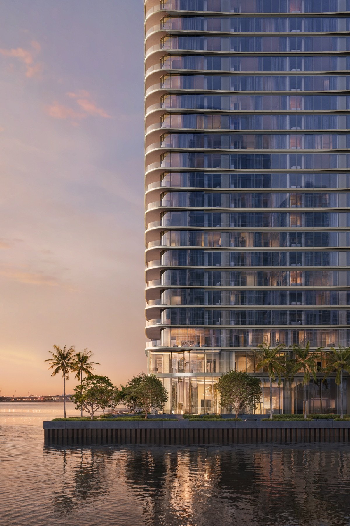 LILLI, Edgewater Miami — vista al crepúsculo de la fachada norte elevándose sobre la bahía, render del desarrollador