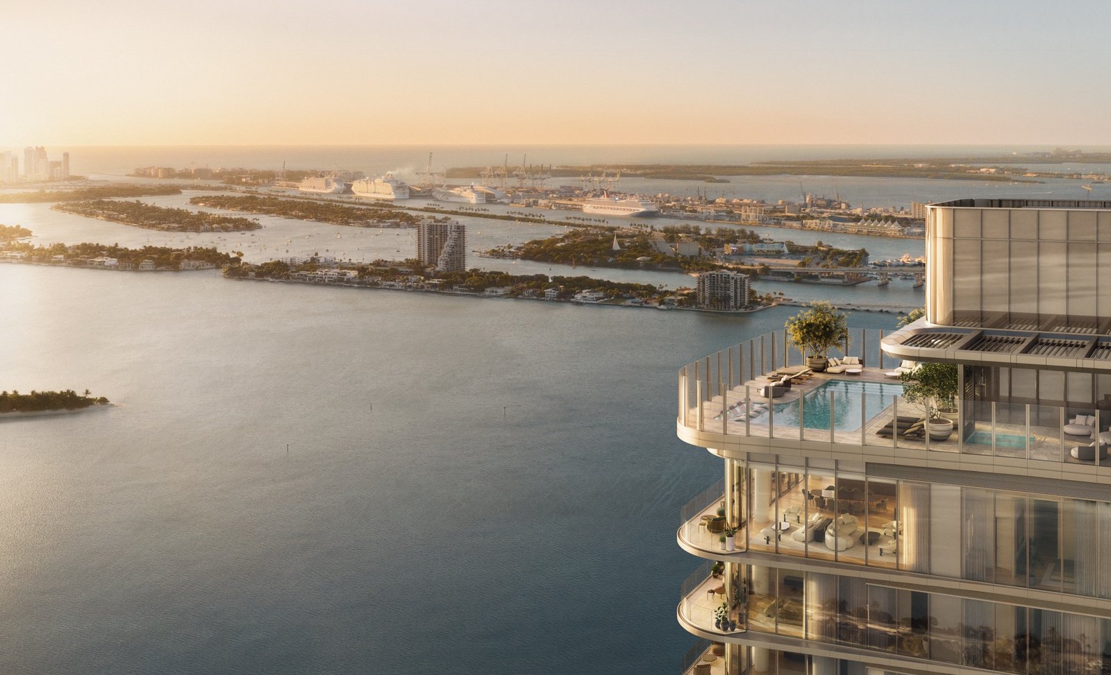 LILLI, Edgewater Miami — vista aérea de la terraza de amenidades con alberca en la azotea y Biscayne Bay al fondo, render del desarrollador