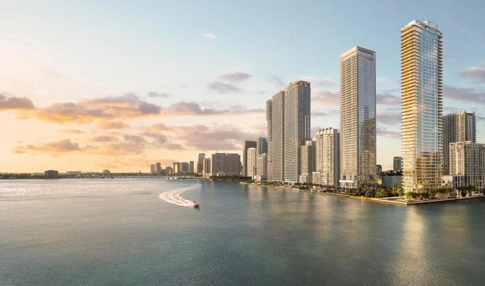 LILLI, Edgewater Miami — vista aérea del horizonte de Biscayne Bay que muestra la torre terminada entre los edificios vecinos, render del desarrollador