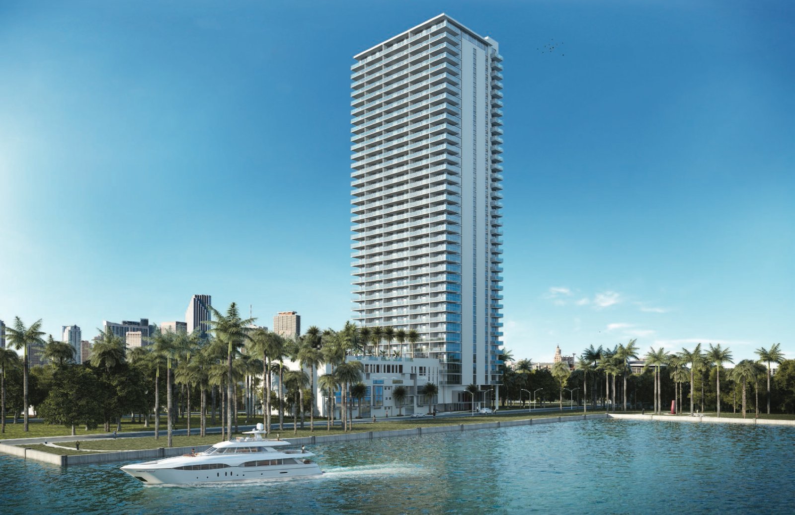 - Natiivo Miami Natiivo Miami, downtown Miami — vista exterior diurna de la torre desde el agua, render del desarrollador
