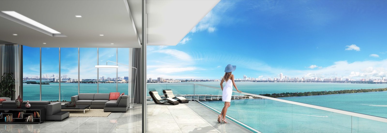 - Natiivo Miami Natiivo Miami, downtown Miami — sala de una residencia que se abre a una terraza con vista a la bahía, render del desarrollador