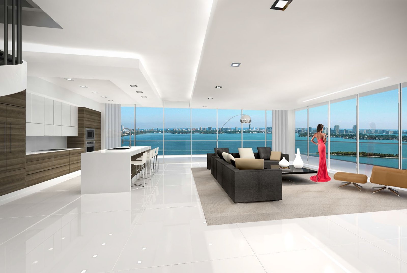 - Natiivo Miami Natiivo Miami, downtown Miami — cocina abierta y sala con vista al agua, render del desarrollador