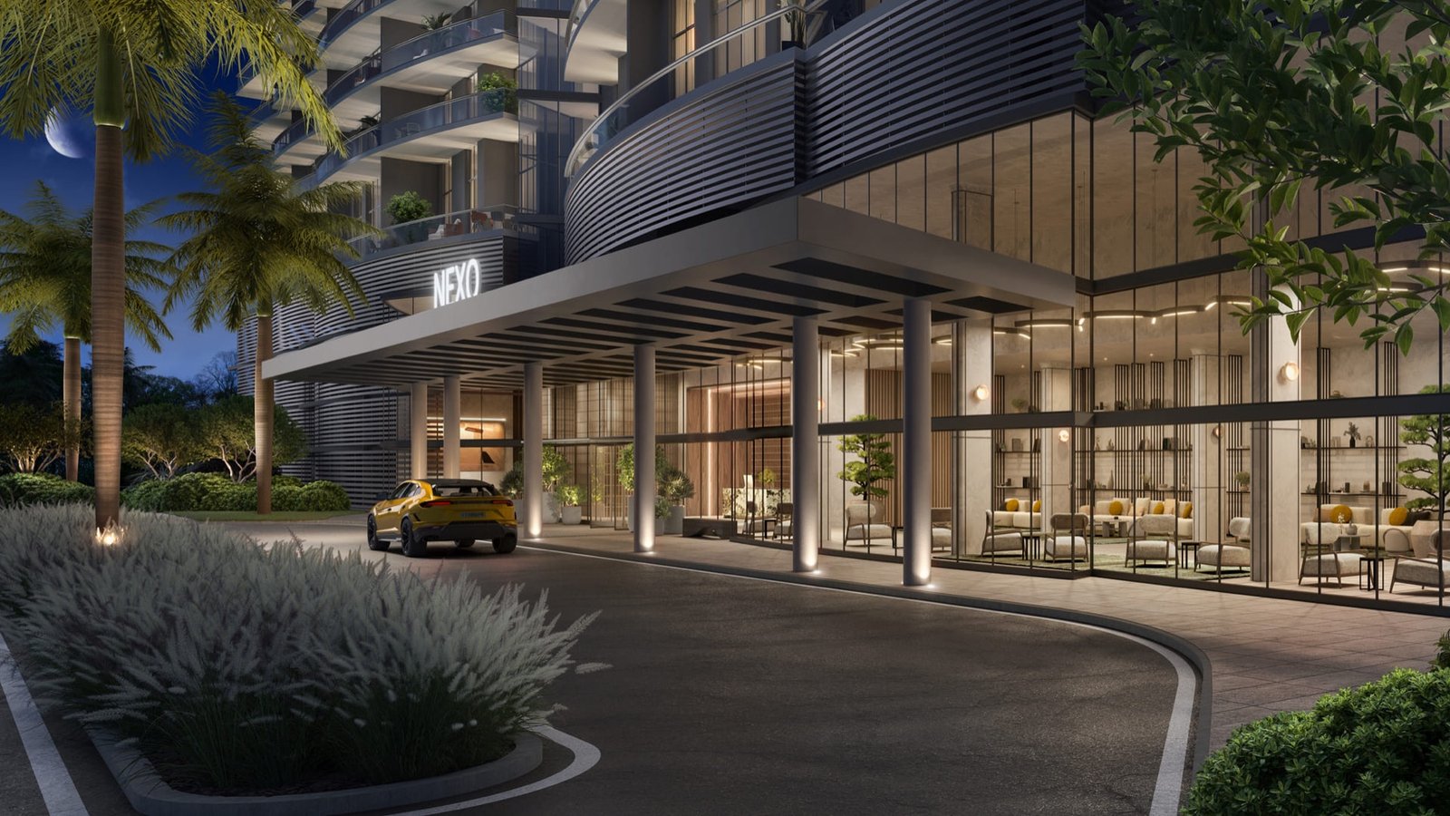Nexo Residences, North Miami Beach — porte-cochere entrance and lobby lounge at dusk, developer rendering