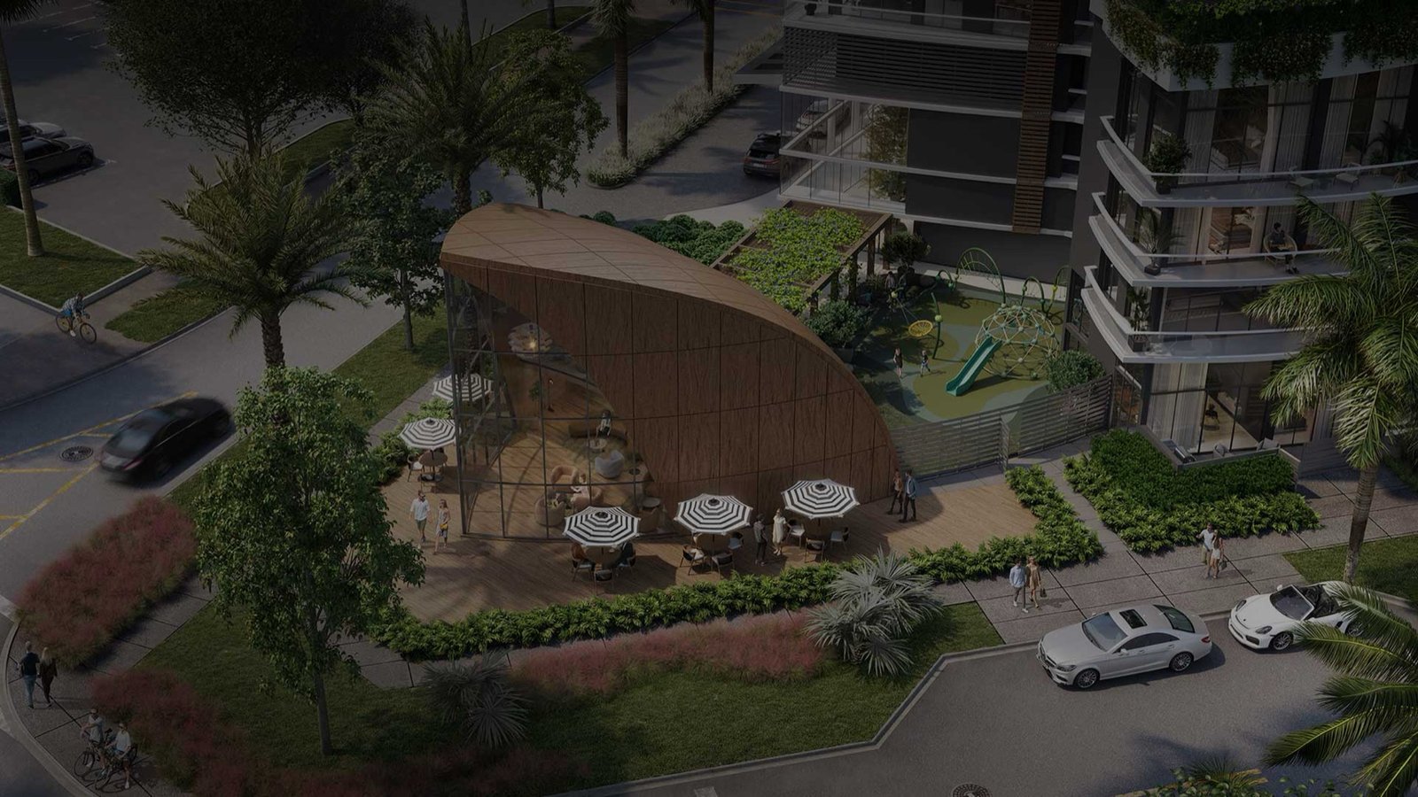 Nexo Residences, North Miami Beach — aerial view of the amenity pavilion, cafe terrace and children's playground, developer rendering