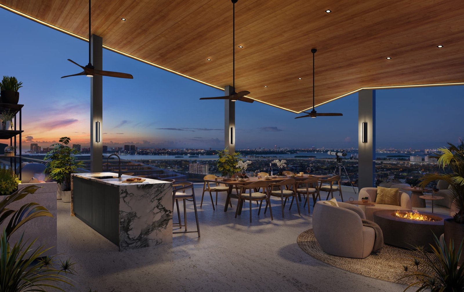 Nexo Residences, North Miami Beach — rooftop observation deck with dining and bay view at dusk, developer rendering