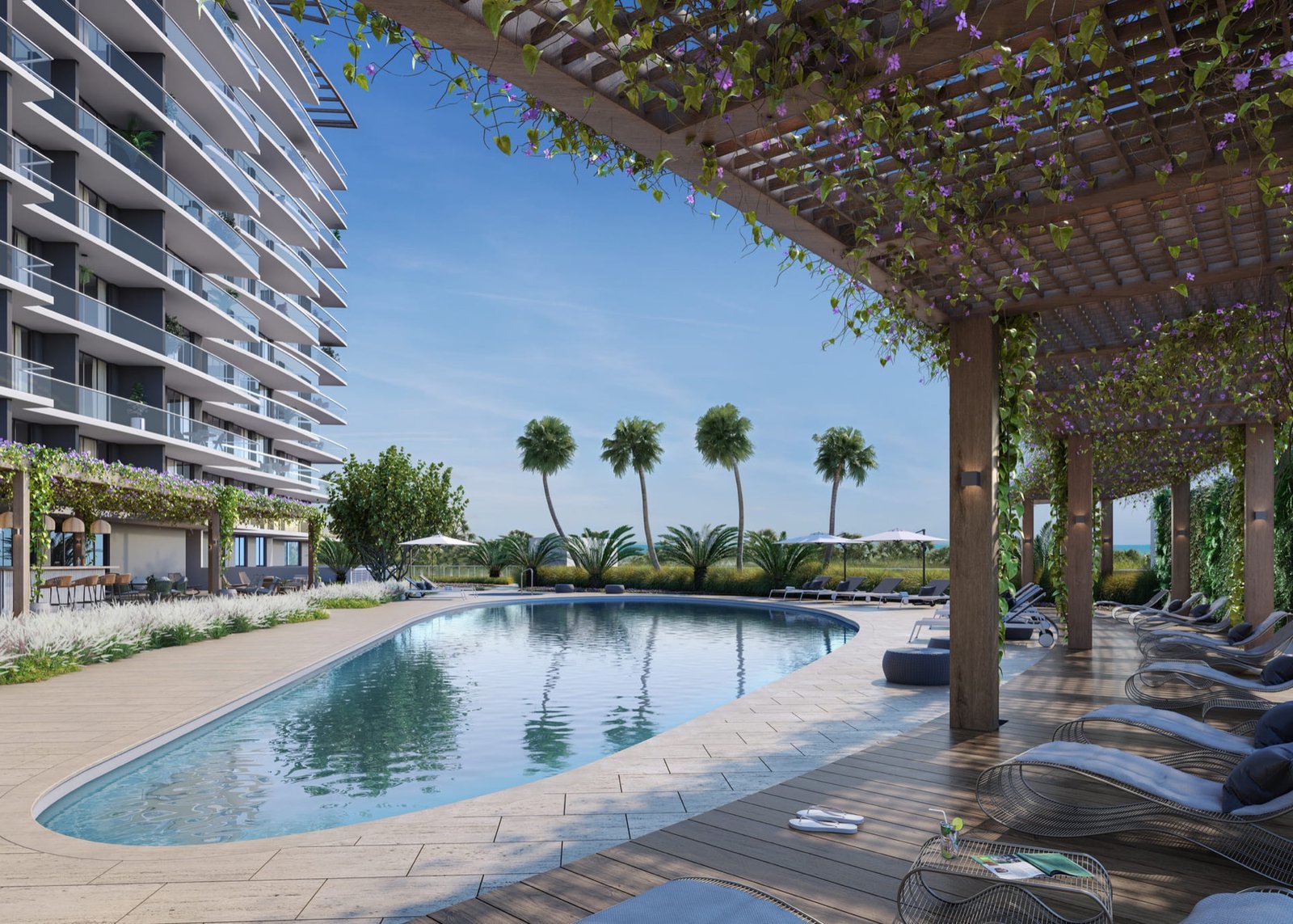 Nexo Residences, North Miami Beach — pool deck with lounge chairs and pergola, developer rendering