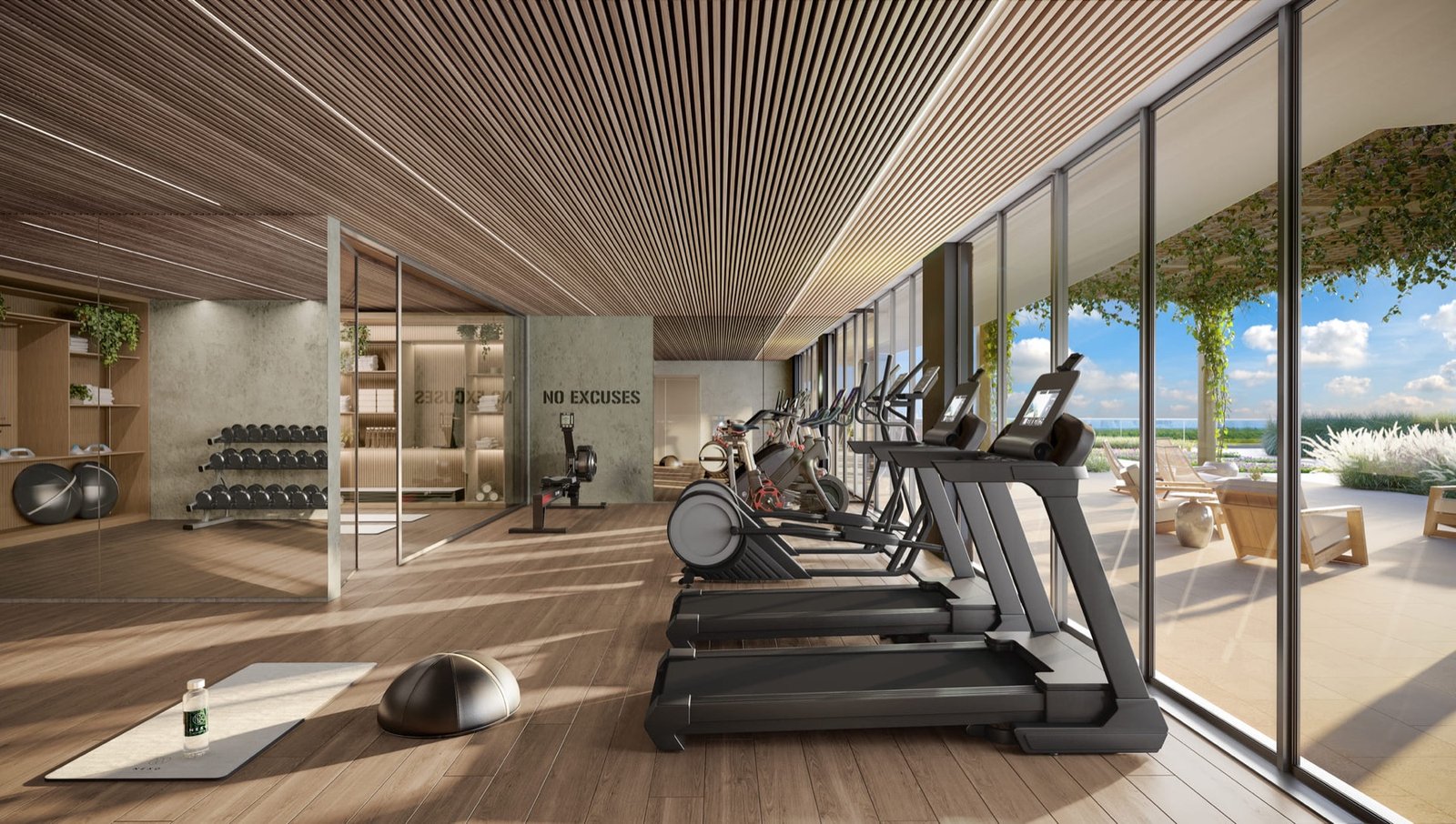Nexo Residences, North Miami Beach — fitness center with cardio equipment and outdoor terrace view, developer rendering