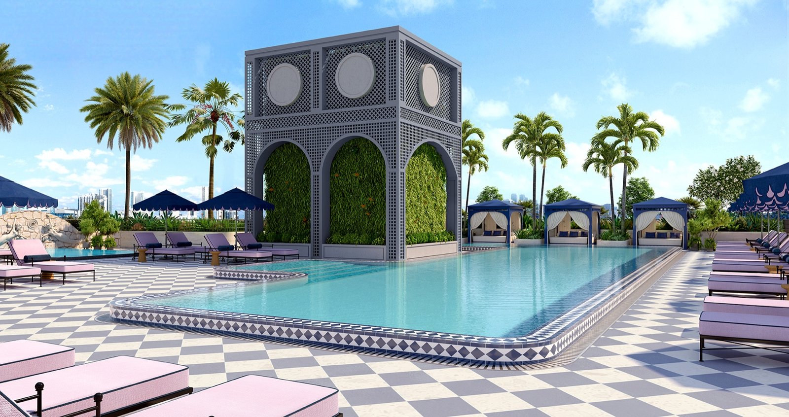 NoMad Residences Wynwood — rooftop pool deck with cabanas, developer rendering
