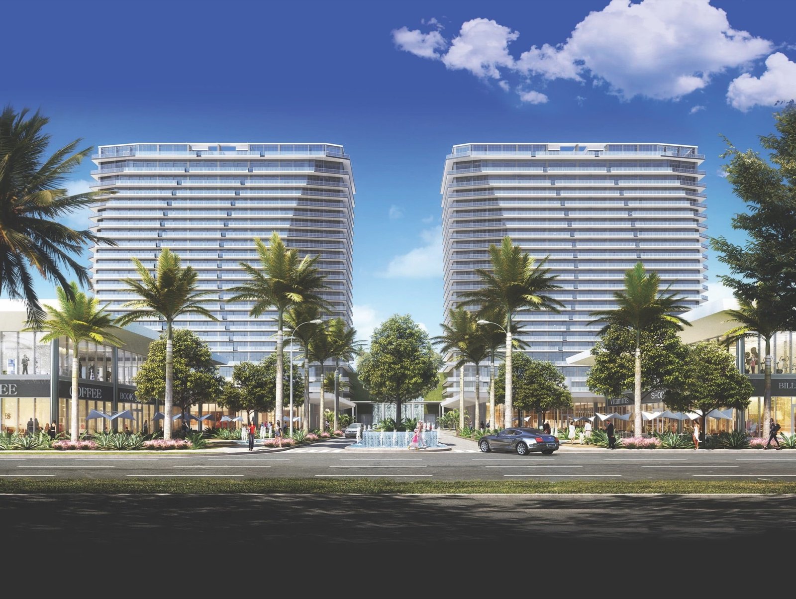 Oasis Hallandale — vista a nivel de calle de las torres gemelas y el paseo comercial, render del desarrollador
