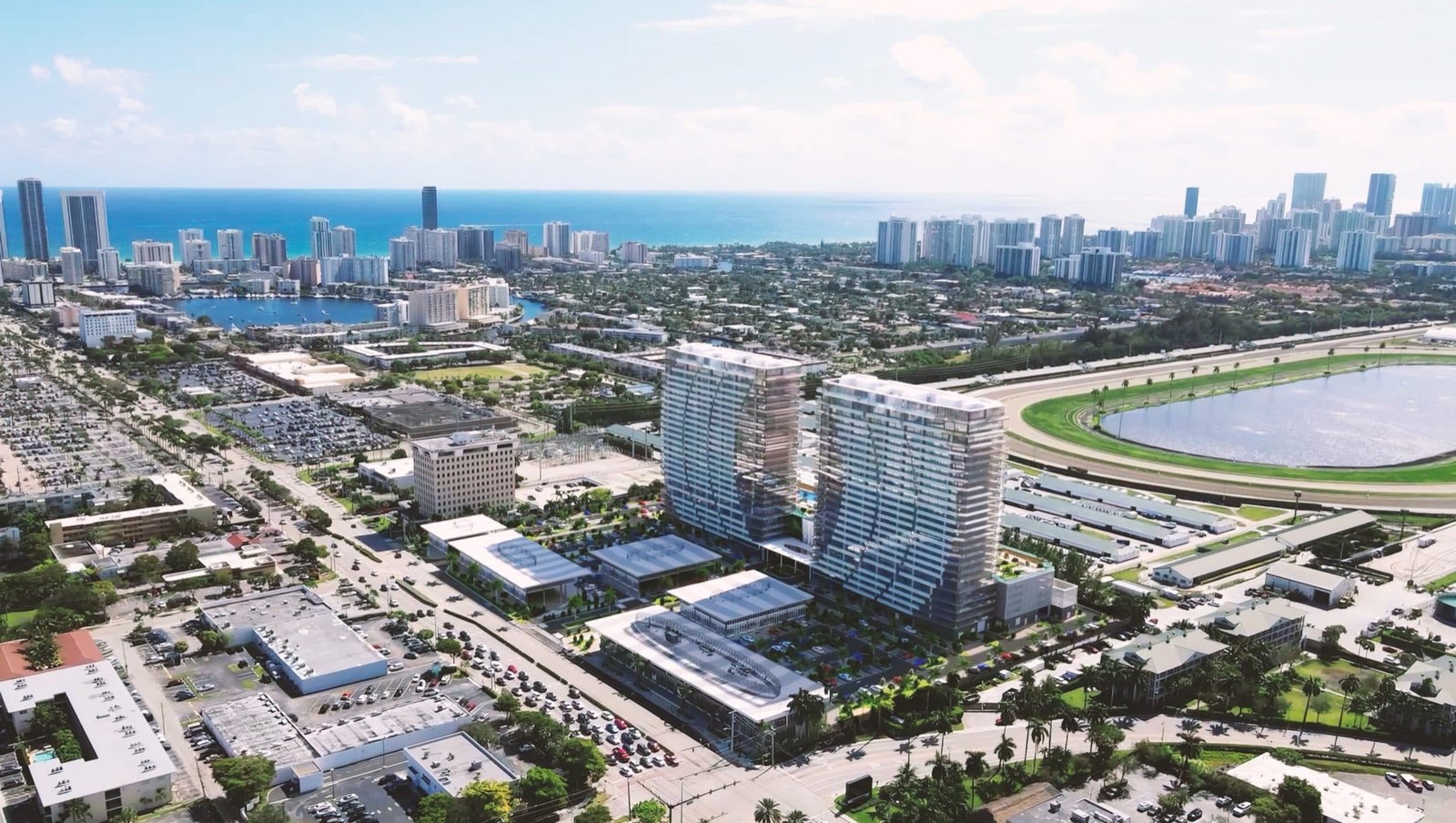 Oasis Hallandale — vista aérea del desarrollo de dos torres, render del desarrollador
