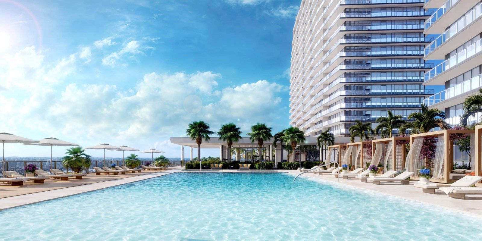 Oasis Hallandale — terraza de alberca en la azotea con cabañas, render del desarrollador