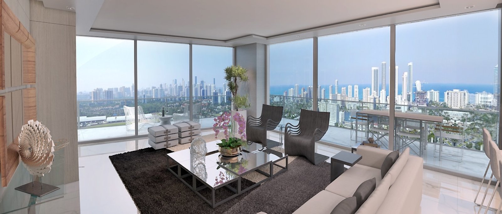Oasis Hallandale — sala de una residencia con vista al horizonte costero, render del desarrollador
