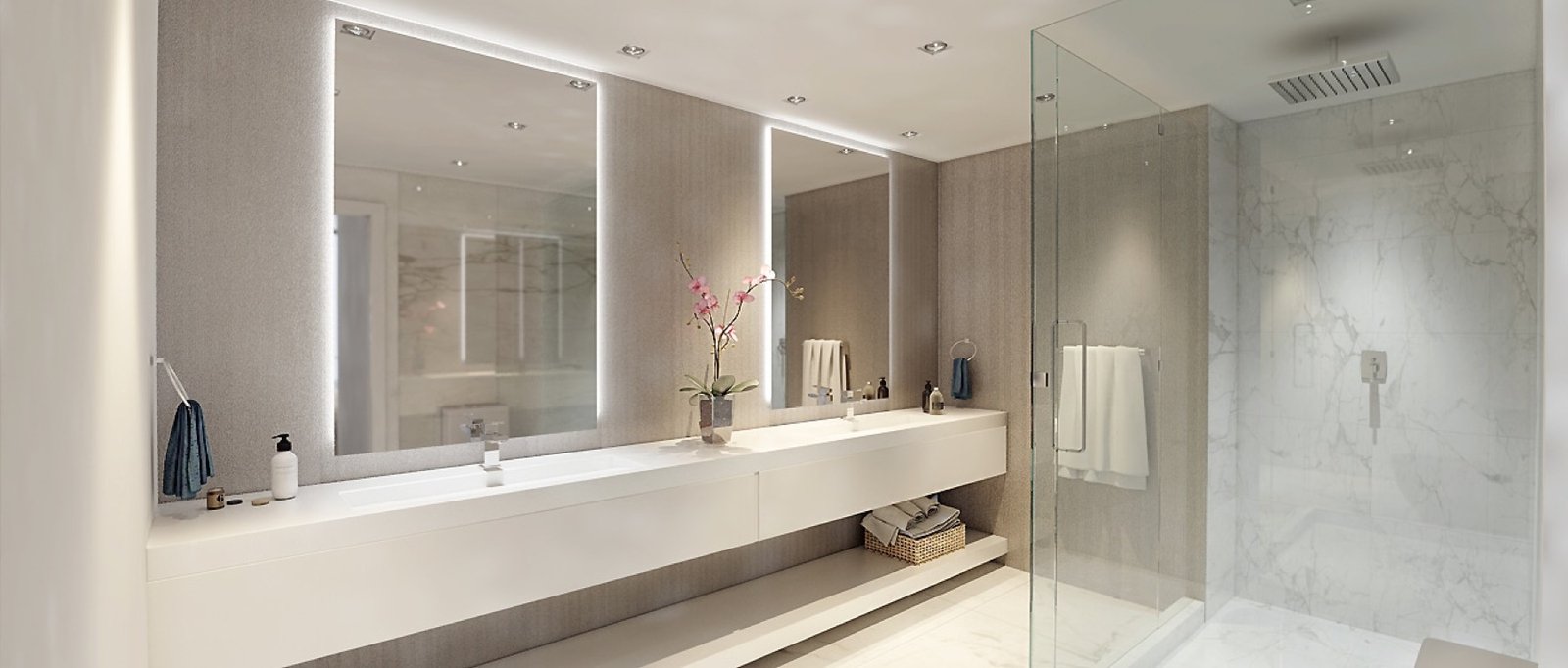 Oasis Hallandale — baño principal de una residencia, render del desarrollador