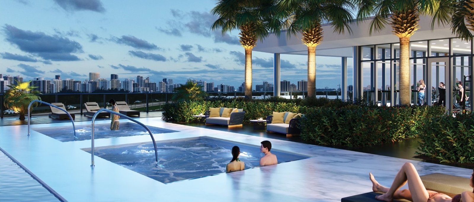 Oasis Hallandale — área de jacuzzi en la azotea, render del desarrollador