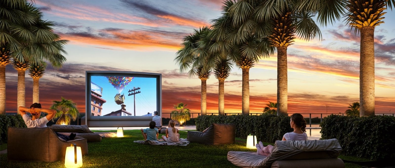 Oasis Hallandale — espacio de amenidades con cine al aire libre, render del desarrollador