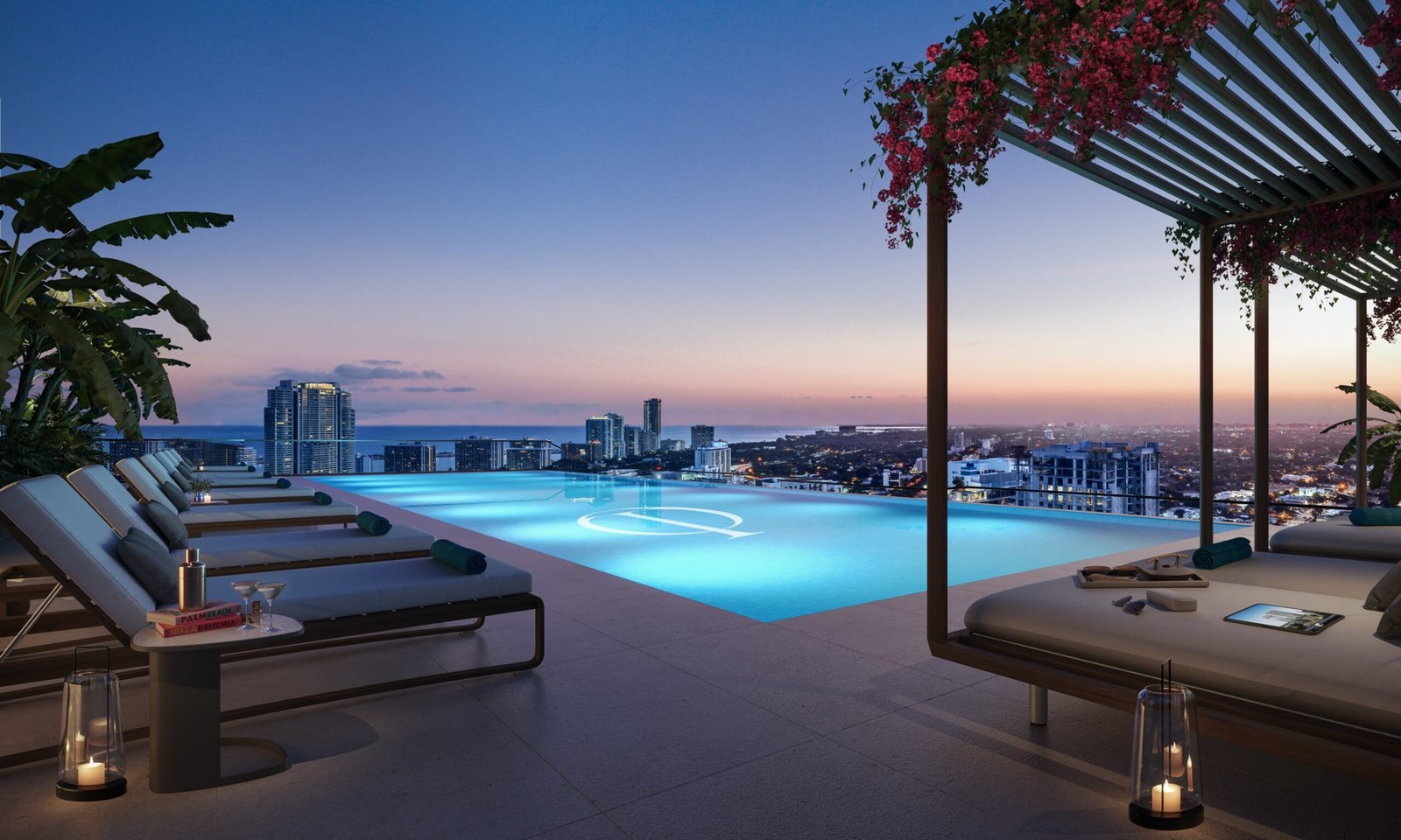 One Twenty Brickell Residences, Brickell Miami — terraza de alberca en la azotea al atardecer con vista al horizonte, render del desarrollador