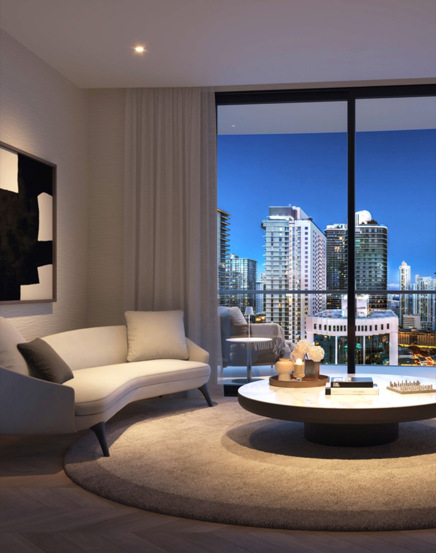 One Twenty Brickell Residences, Brickell Miami — sala de una residencia con vista nocturna al horizonte, render del desarrollador
