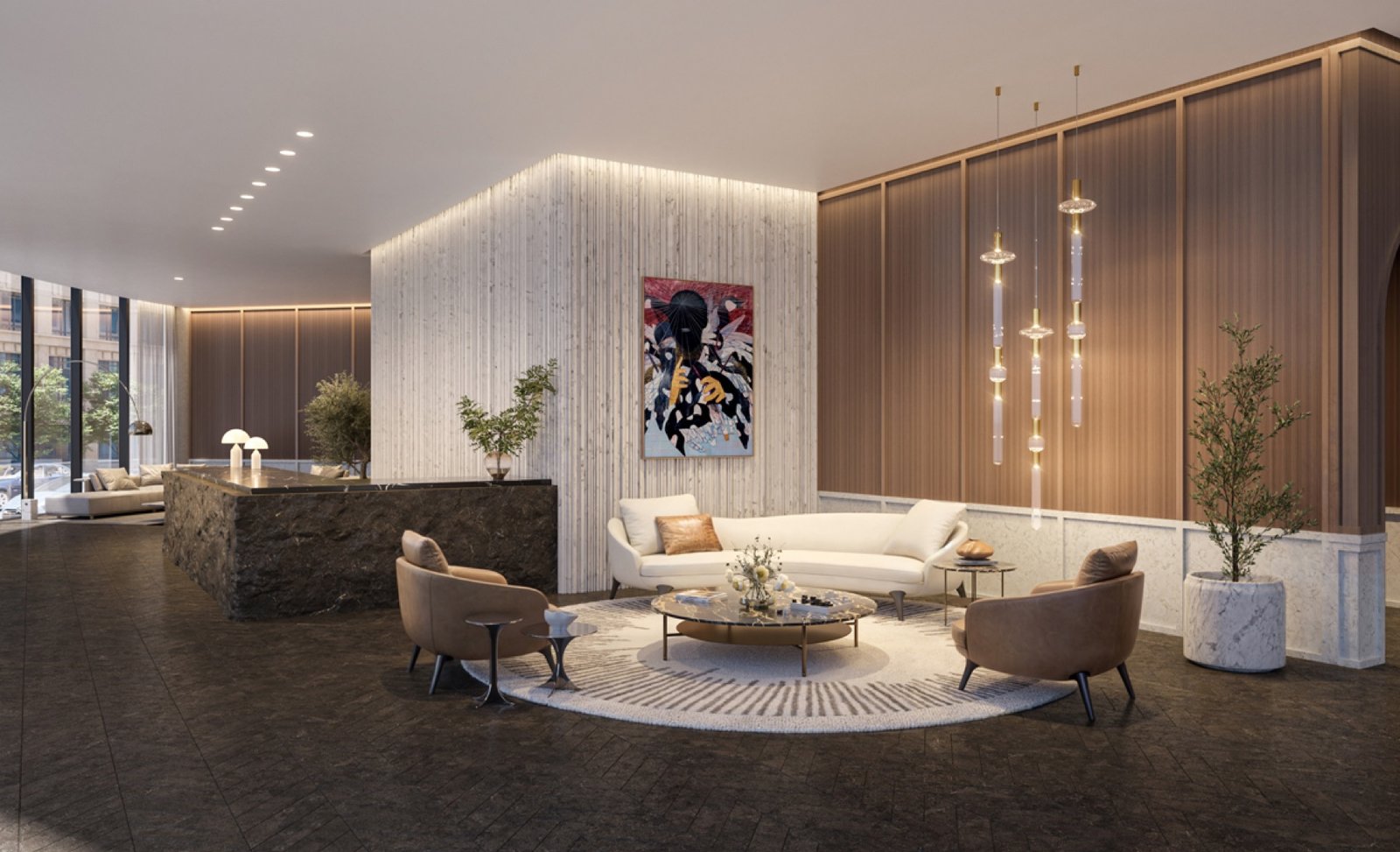 One Twenty Brickell Residences, Brickell Miami — sala lounge del lobby del edificio, render del desarrollador