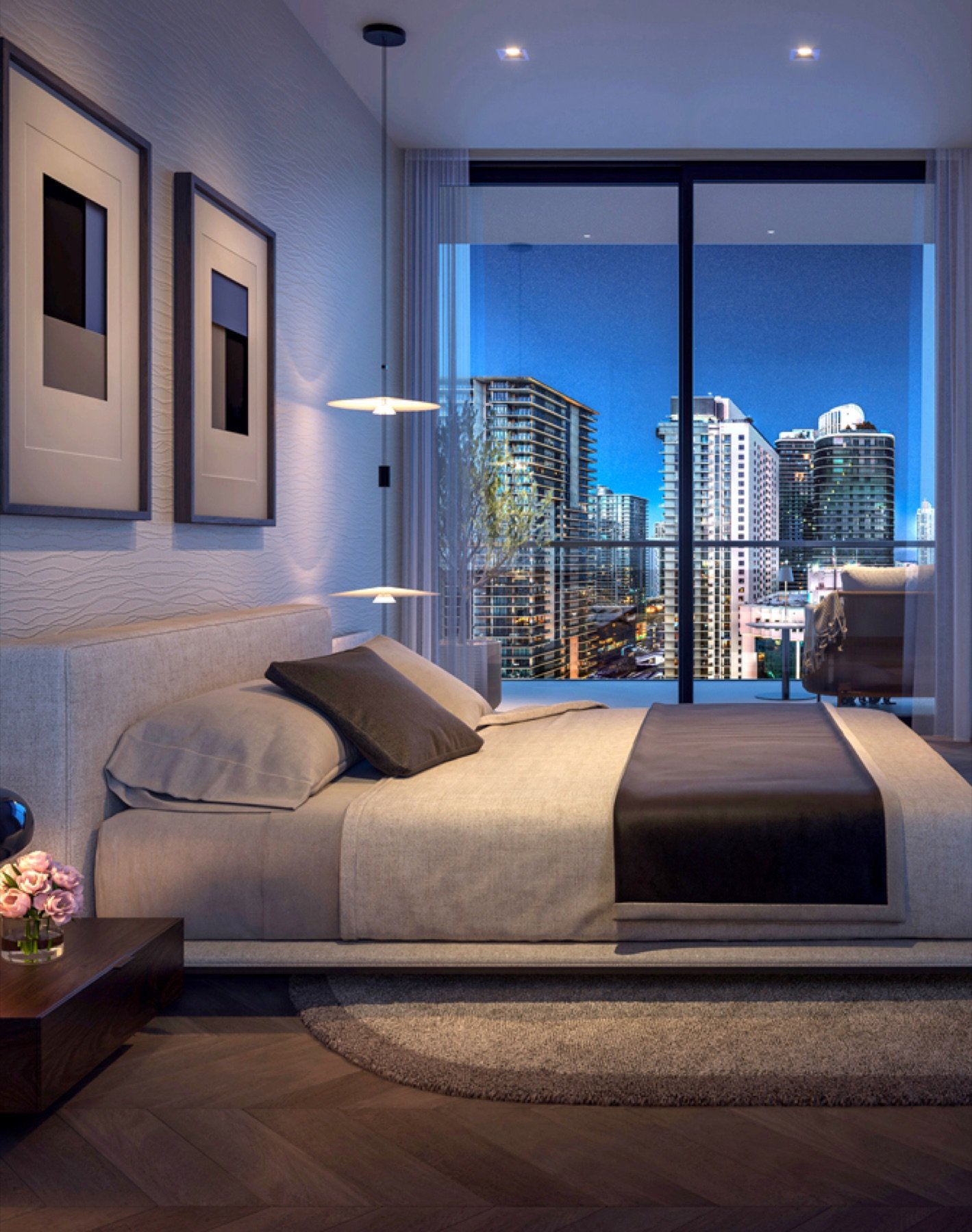 One Twenty Brickell Residences, Brickell Miami — recámara con vista a la ciudad, render del desarrollador