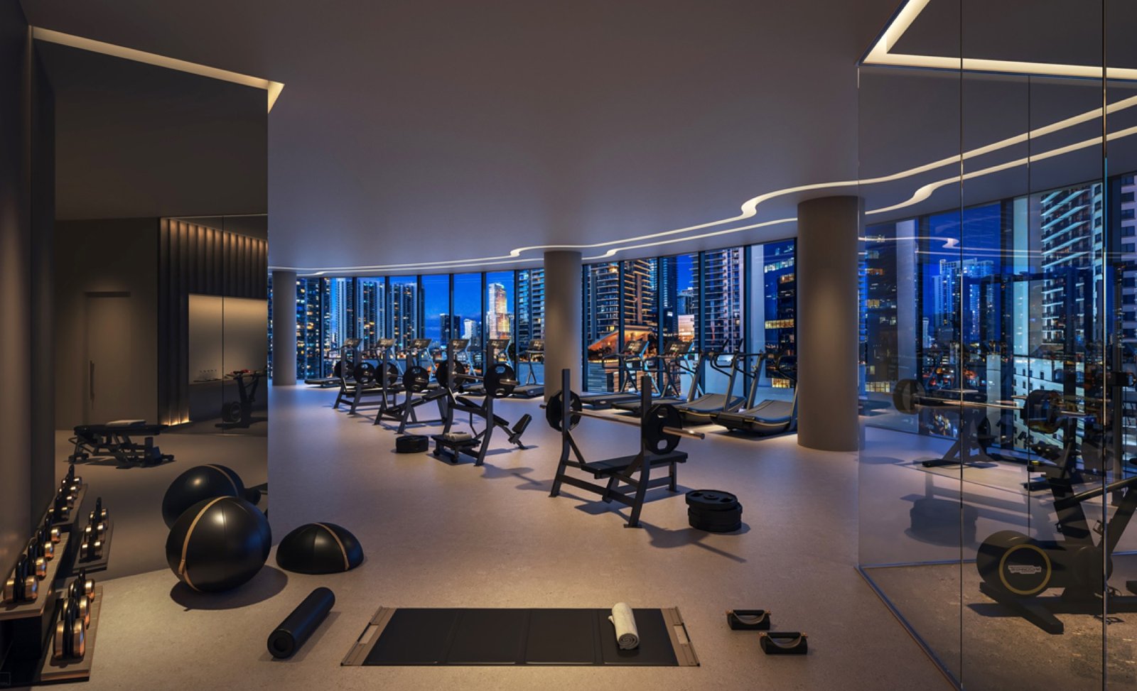One Twenty Brickell Residences, Brickell Miami — centro de fitness con vista al horizonte, render del desarrollador