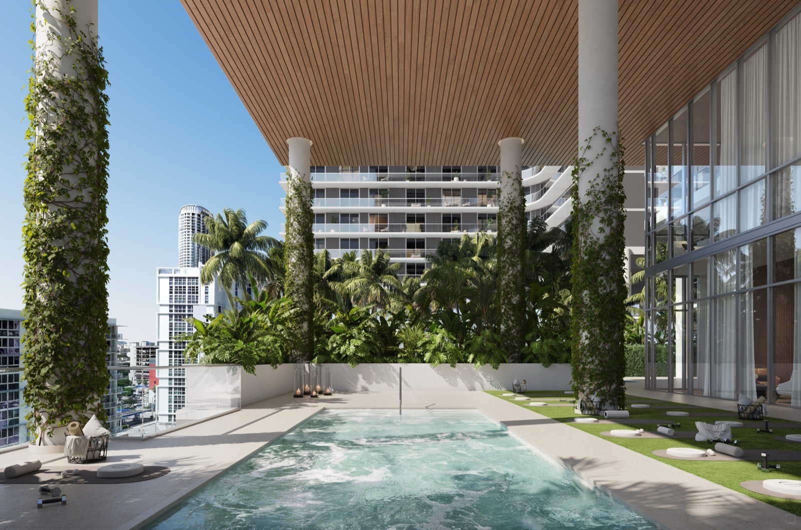 One Twenty Brickell Residences, Brickell Miami — amenidad de spa y terraza de yoga, render del desarrollador
