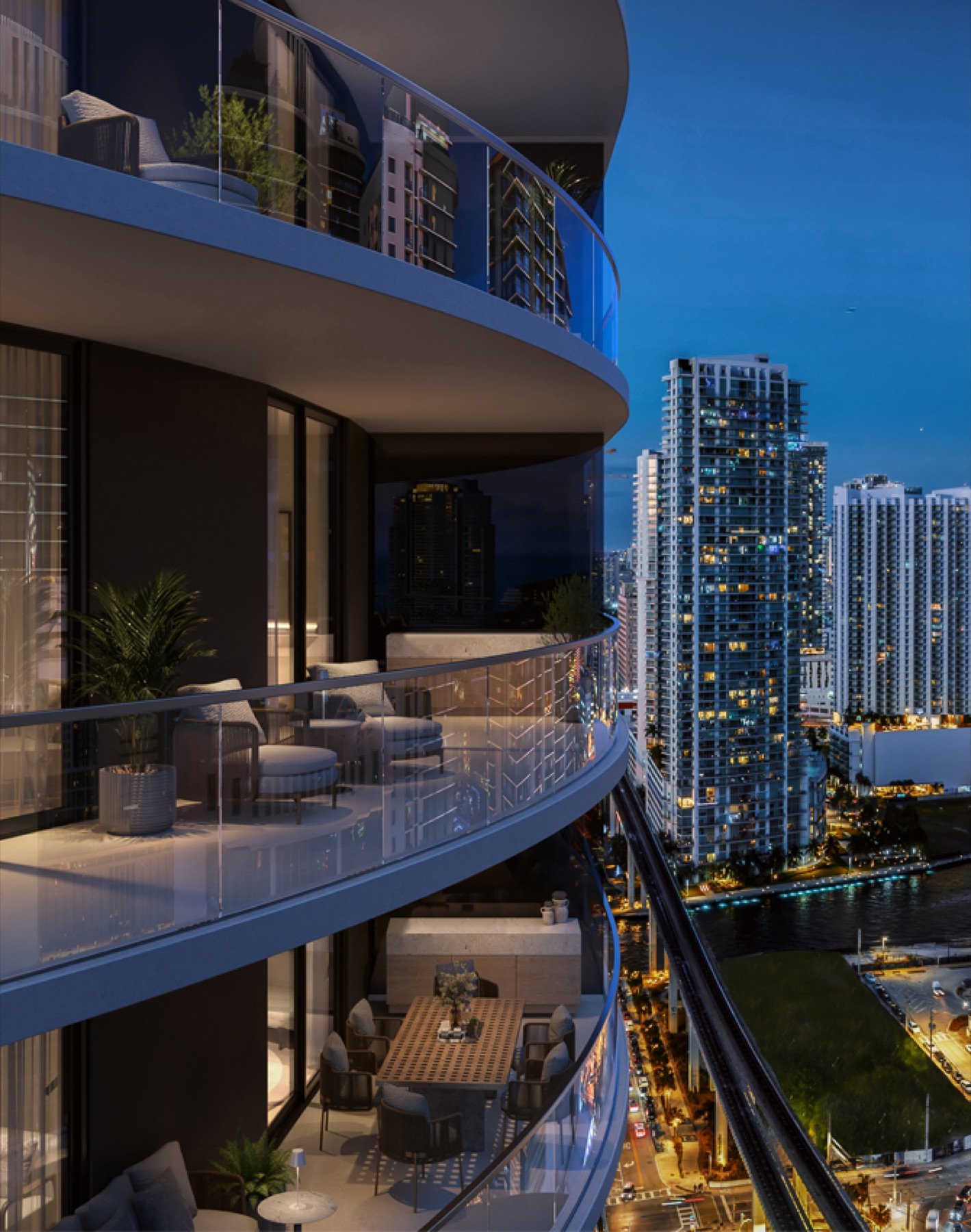 One Twenty Brickell Residences, Brickell Miami — balcón privado con vista nocturna al horizonte, render del desarrollador