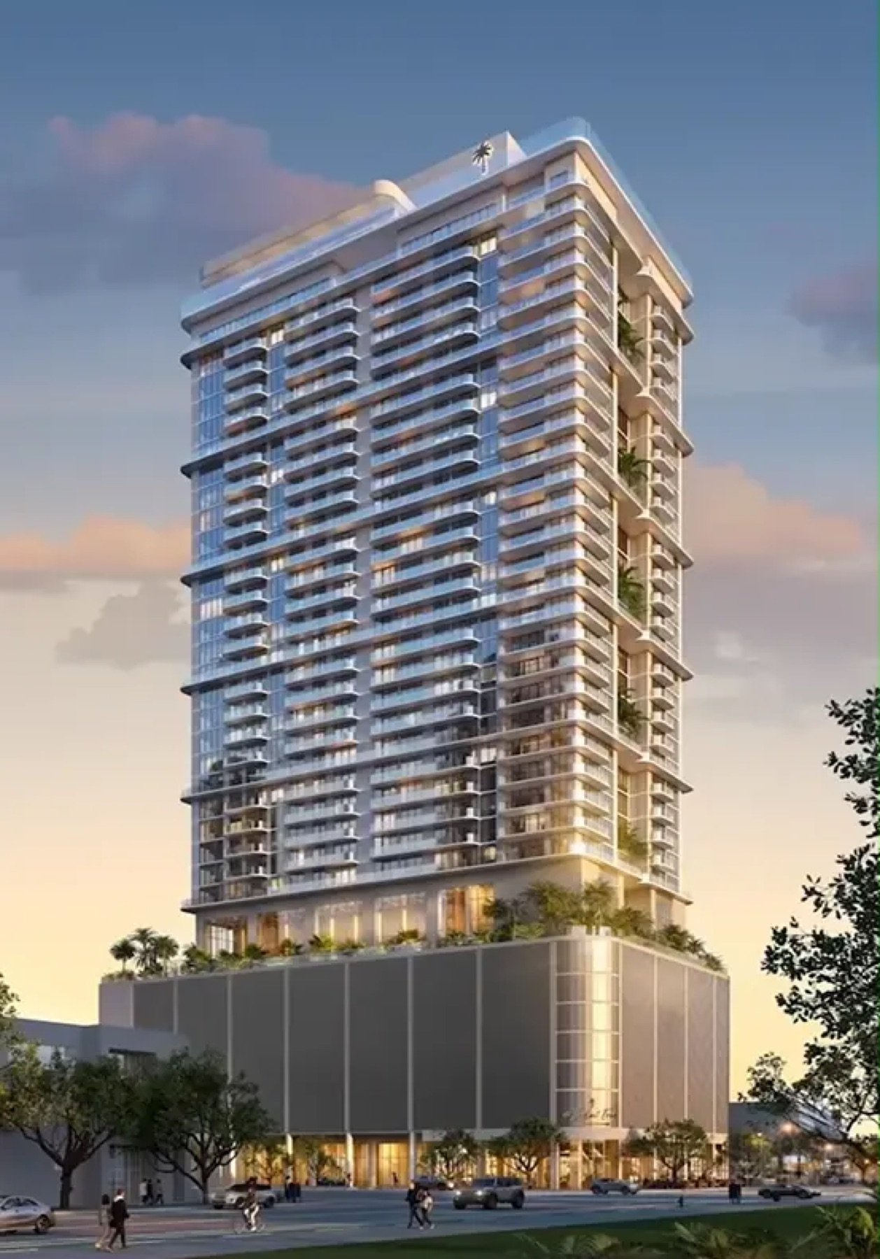 - Palm Tree Residences Miami Palm Tree Residences Miami, Park West — vista exterior completa de la torre con remate de palmera al atardecer, render del desarrollador