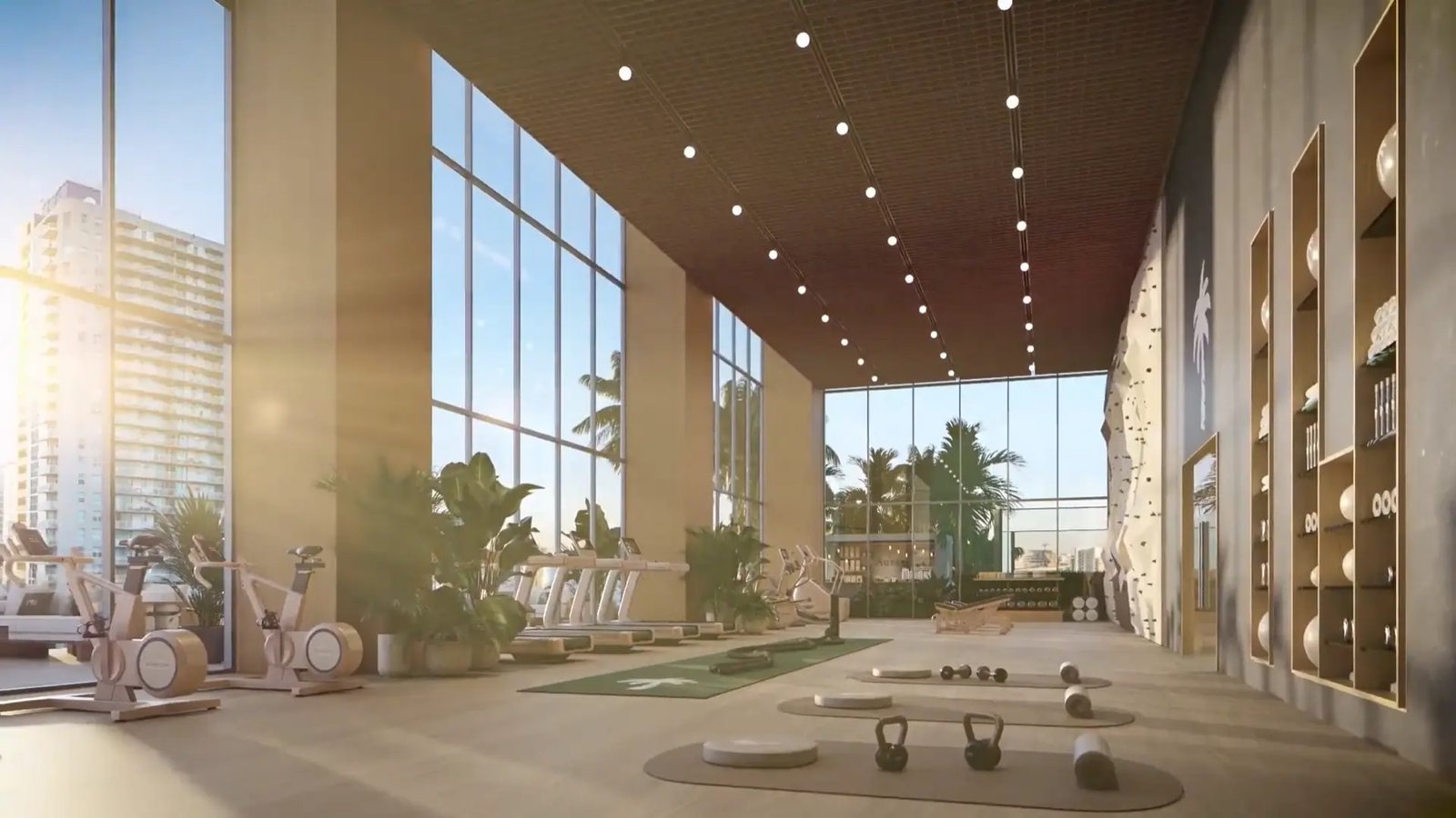 - Palm Tree Residences Miami Palm Tree Residences Miami — estudio de fitness con vista al horizonte, render del desarrollador