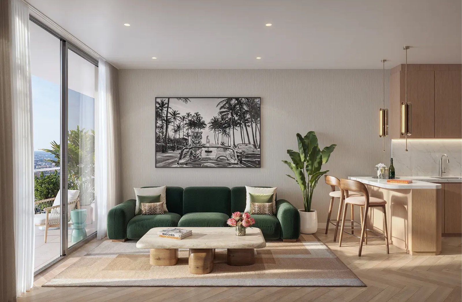 - Palm Tree Residences Miami Palm Tree Residences Miami — sala de estar y cocina abierta de una residencia, render del desarrollador