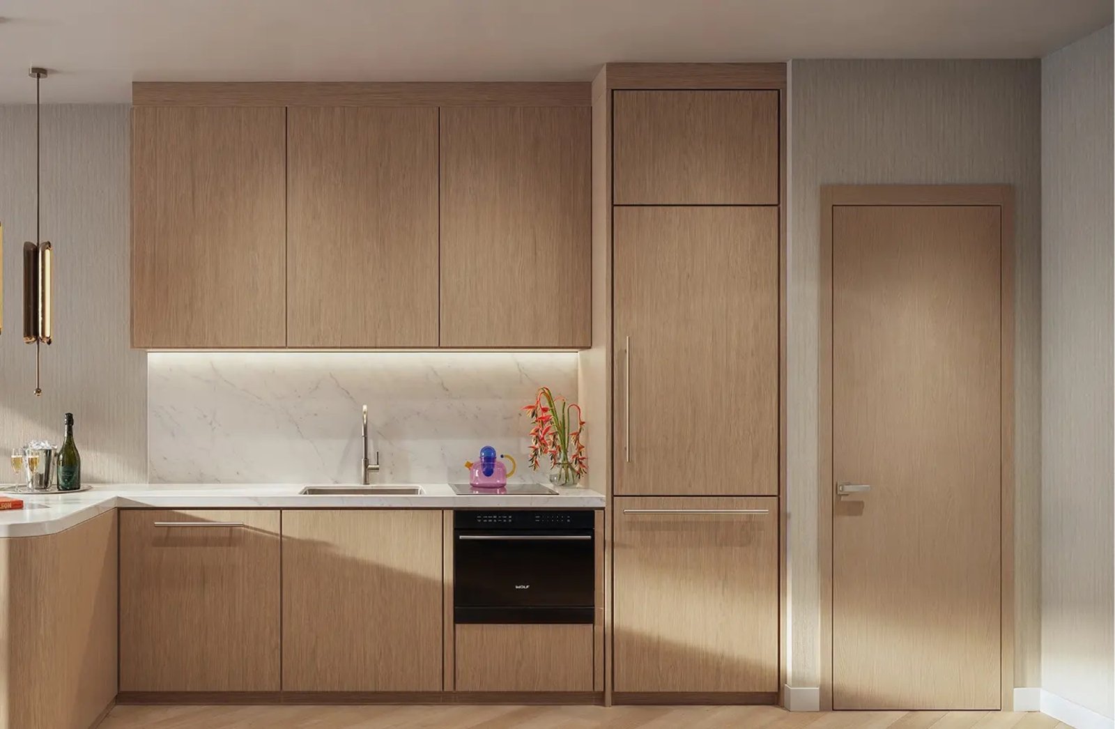 - Palm Tree Residences Miami Palm Tree Residences Miami — detalle de los gabinetes de cocina de una residencia, render del desarrollador