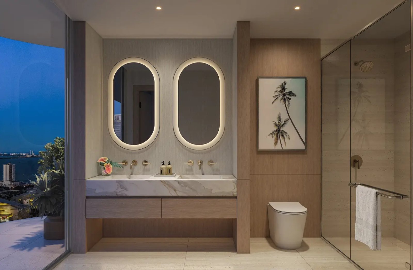 - Palm Tree Residences Miami Palm Tree Residences Miami — baño de una residencia con lavabo doble y vista a la ciudad, render del desarrollador