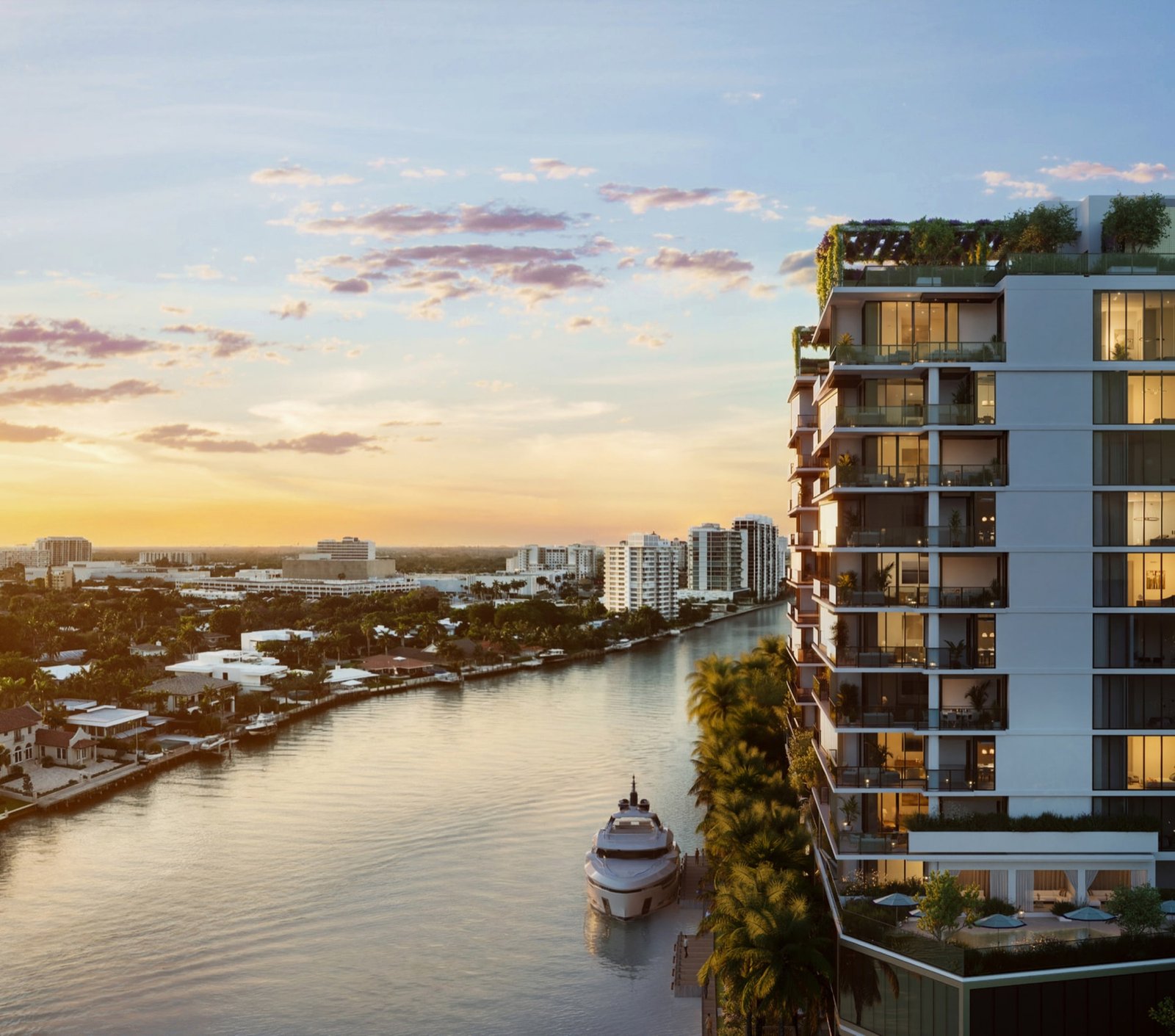 The Ritz-Carlton Residences, Fort Lauderdale Beach — vista exterior al atardecer a lo largo del Intracoastal Waterway, render del desarrollador