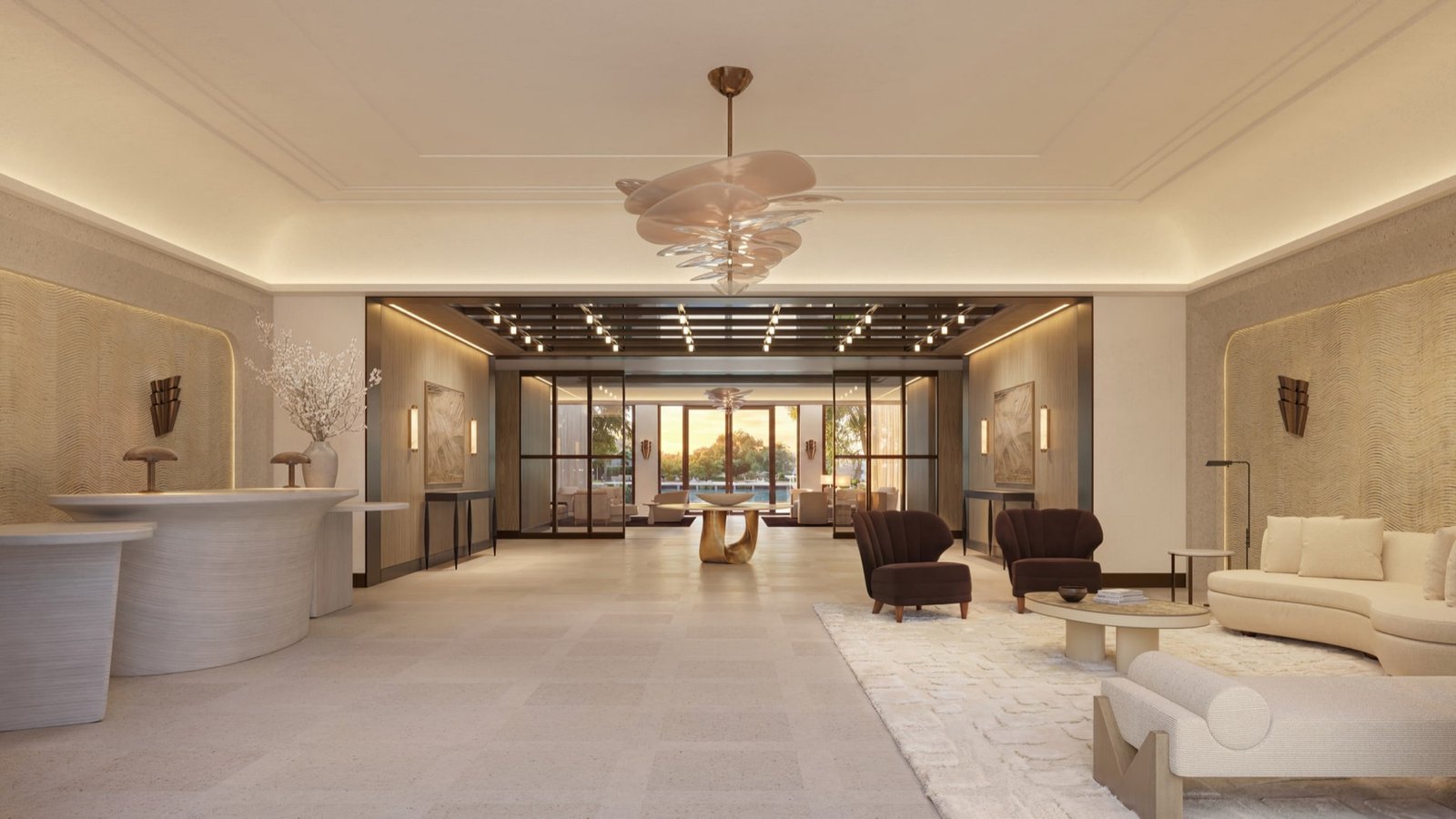 The Ritz-Carlton Residences, Fort Lauderdale Beach — interior del gran lobby al atardecer, render del desarrollador