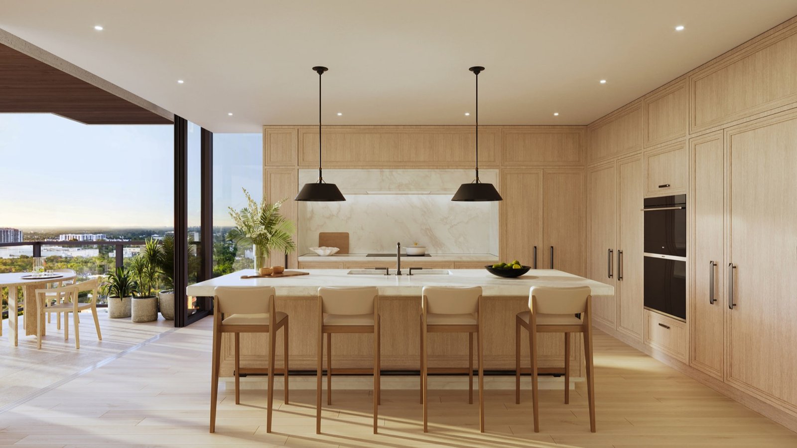 The Ritz-Carlton Residences, Fort Lauderdale Beach — cocina de una residencia con terraza privada y vista de la ciudad, render del desarrollador