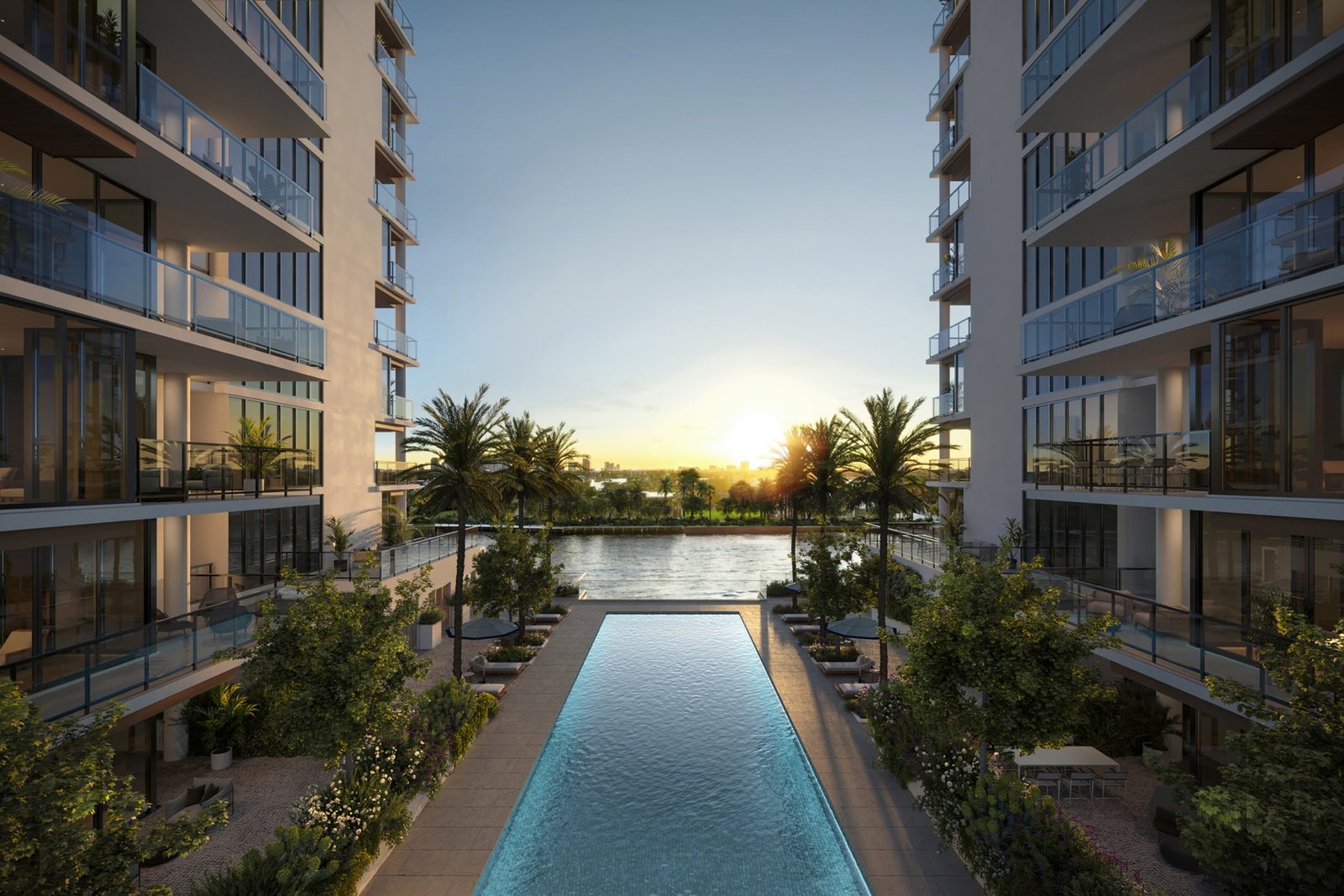 The Ritz-Carlton Residences, Fort Lauderdale Beach — deck de amenidades con alberca de nado, render del desarrollador