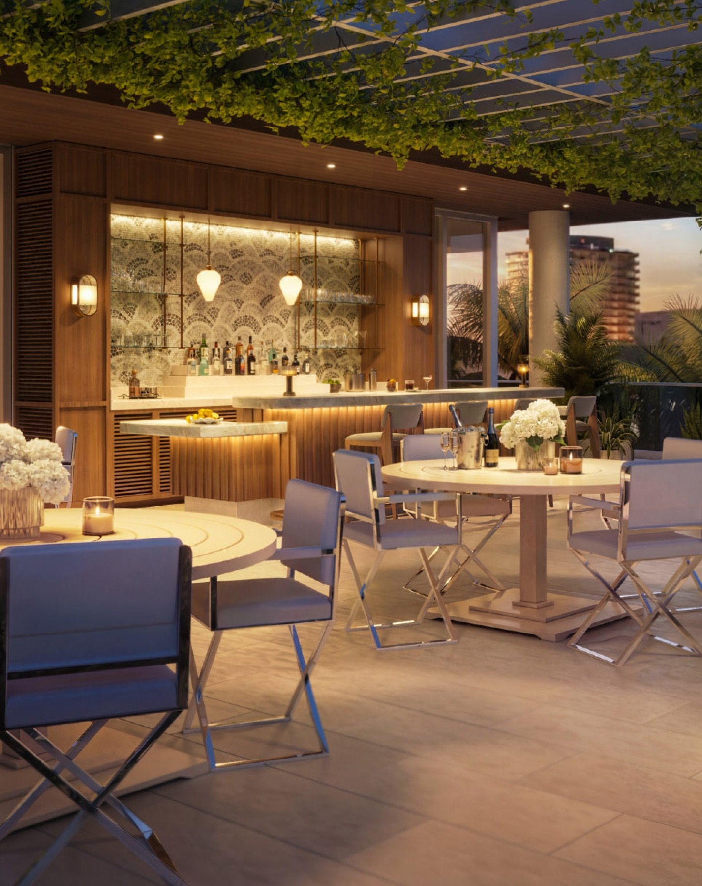 The Ritz-Carlton Residences, Fort Lauderdale Beach — espacio de amenidad con bar al atardecer, render del desarrollador