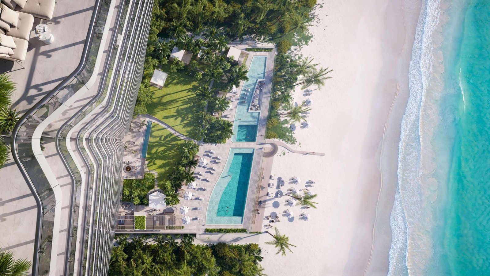 - Pompano Beach's Branded Oceanfront Towers: What Buyers Are Paying Per Foot The Ritz-Carlton Residences, Pompano Beach — aerial view of the oceanfront pool deck and beach beside the Beach Tower, developer rendering