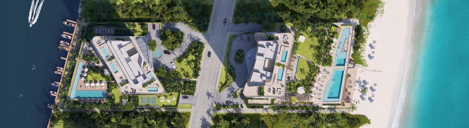 The Ritz-Carlton Residences, Pompano Beach — plano aéreo del predio con ambas torres, las albercas y la marina y la playa privadas