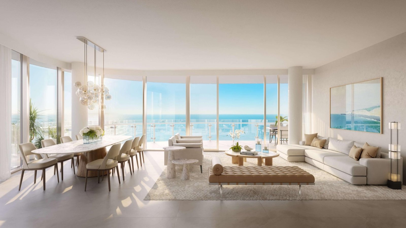 The Ritz-Carlton Residences, Pompano Beach — sala y comedor de una residencia de la Torre Beach con vistas al océano de piso a techo