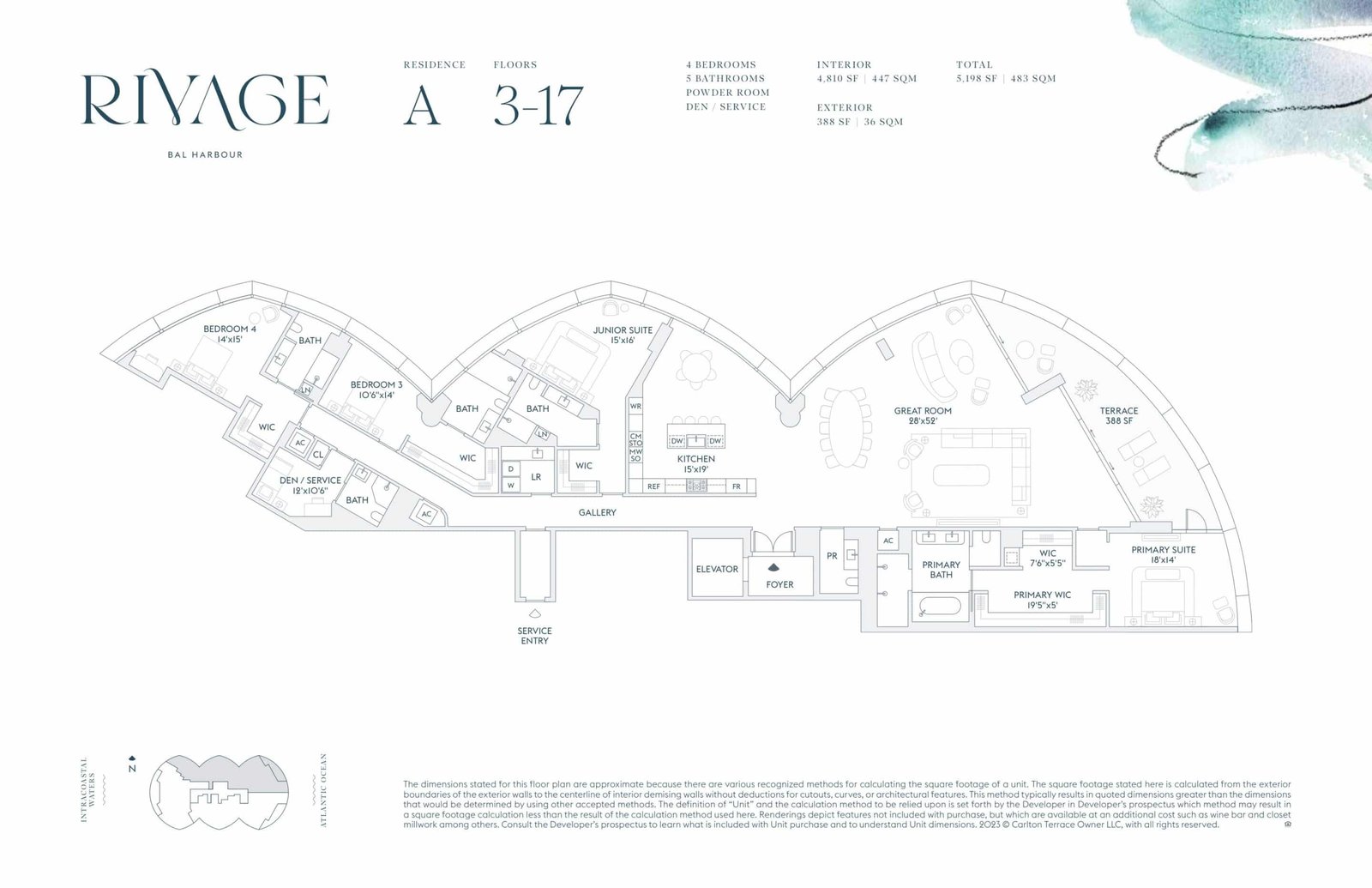 Floor plan for Residence A, floors 3–17, at Rivage Bal Harbour