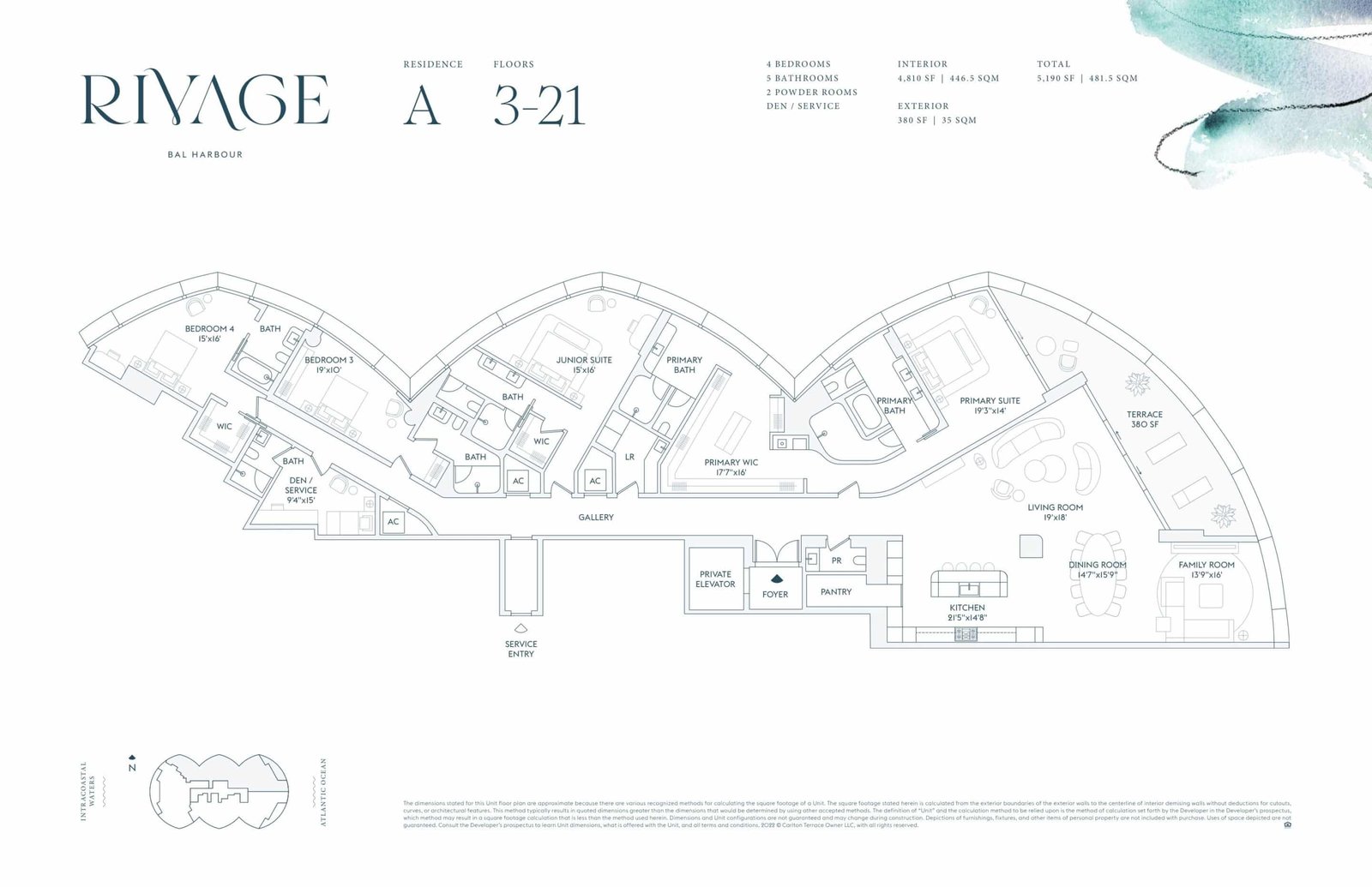 Floor plan for Residence A, floors 3–21, at Rivage Bal Harbour