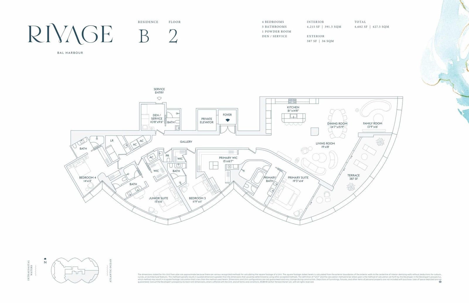 Floor plan for Residence B, floor 2, at Rivage Bal Harbour
