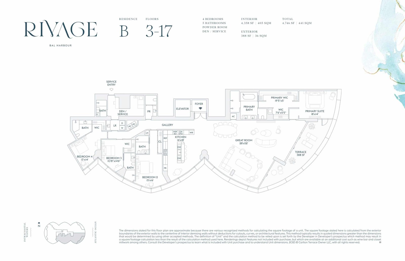 Floor plan for Residence B, floors 3–17, at Rivage Bal Harbour