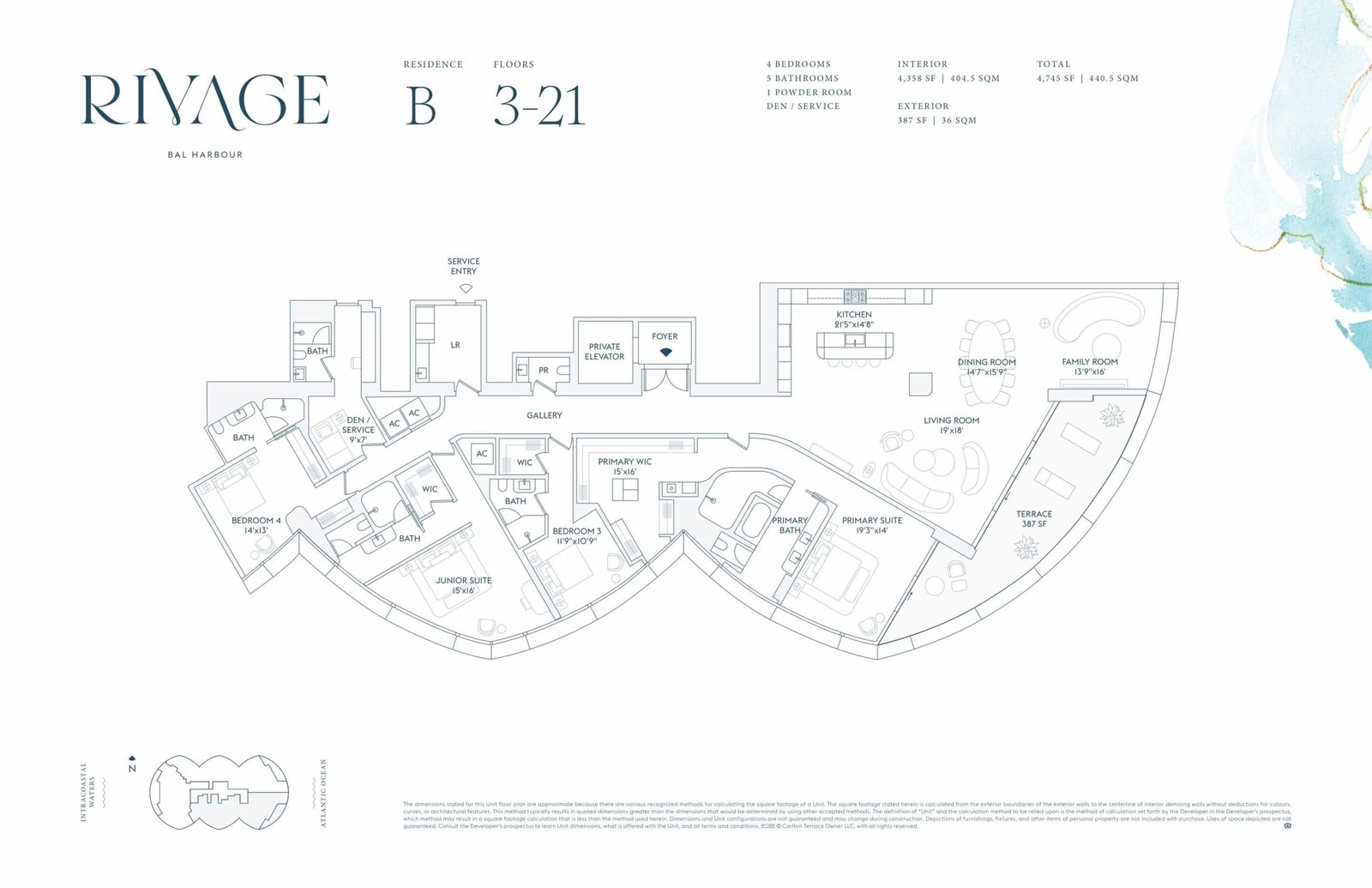 Floor plan for Residence B, floors 3–21, at Rivage Bal Harbour