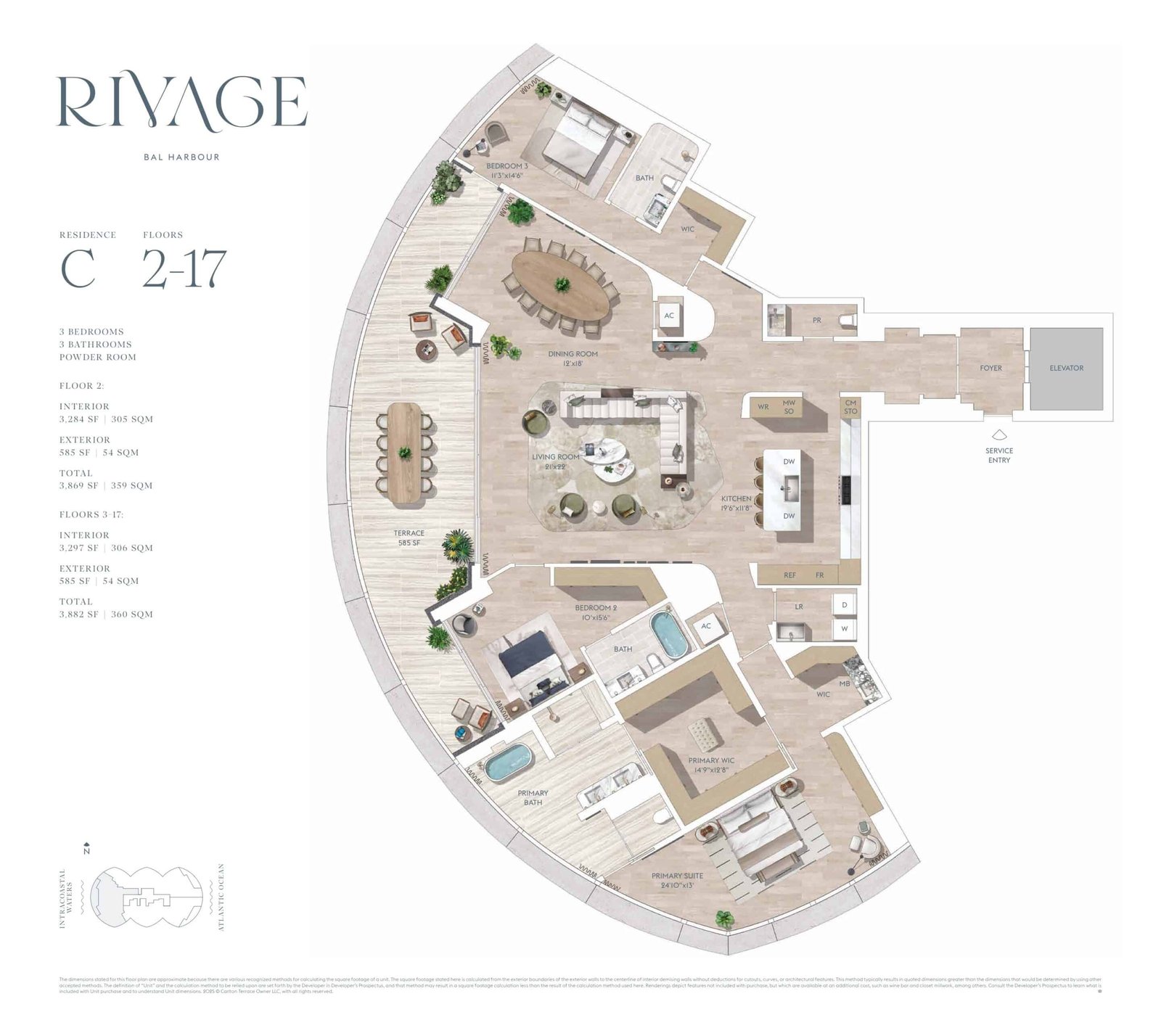 Floor plan for Residence C, floors 2–17, furnished, at Rivage Bal Harbour