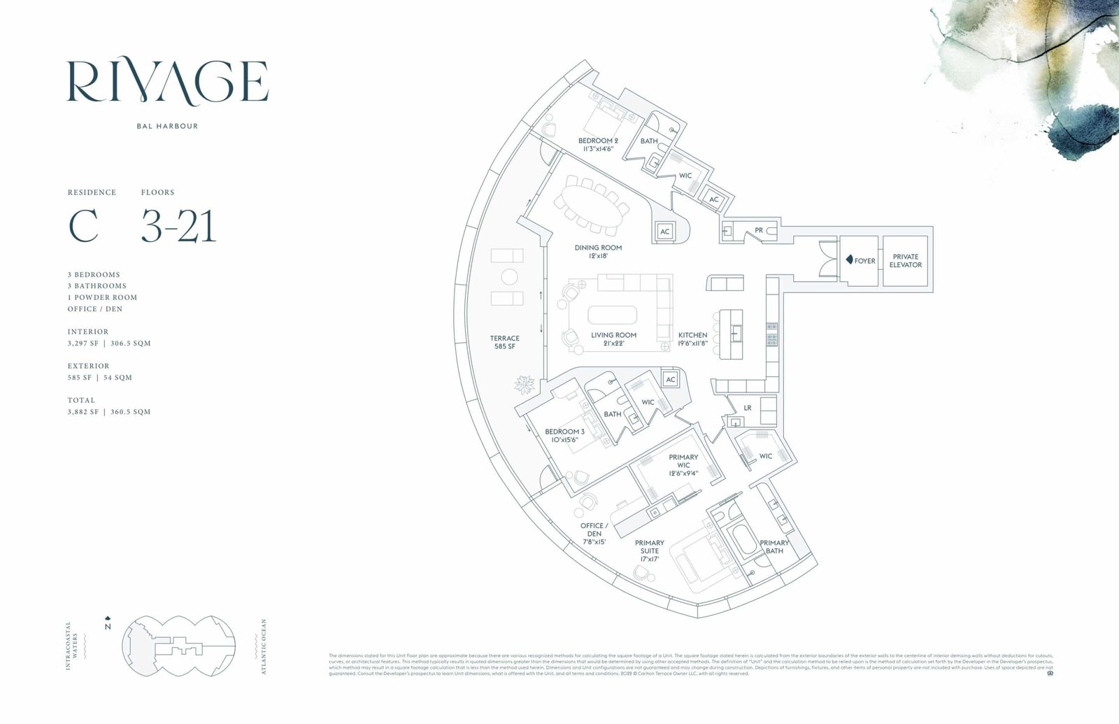 Floor plan for Residence C, floors 3–21, at Rivage Bal Harbour