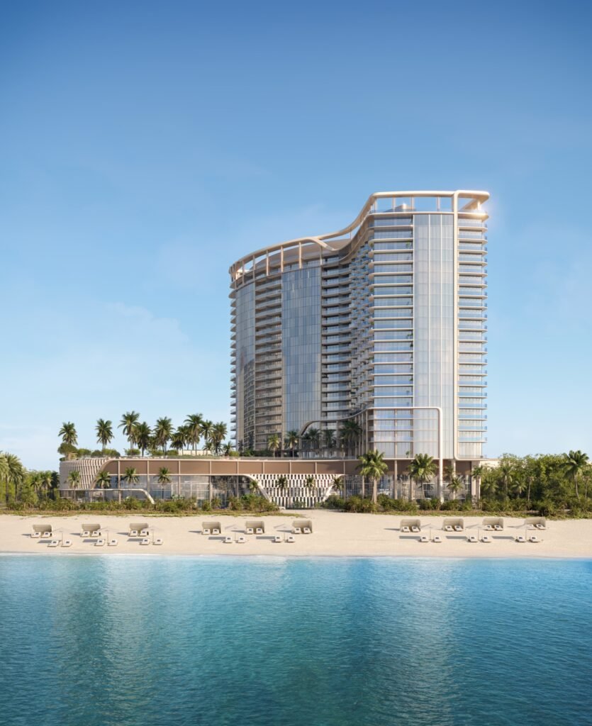 Rosewood Residences, Hillsboro Beach — oceanfront exterior view from the water with beach cabanas, developer rendering
