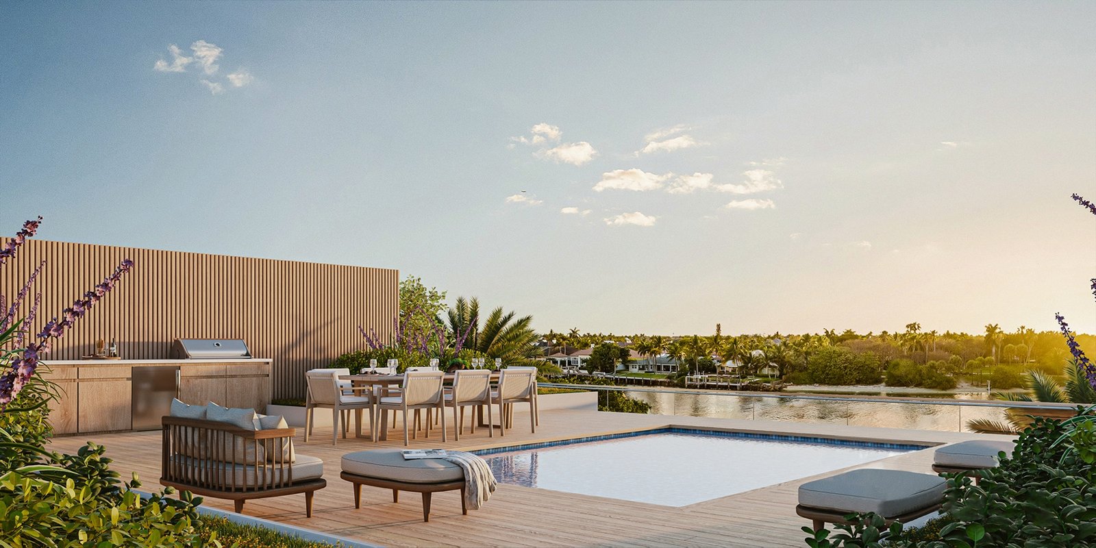 Rosewood Residences, Hillsboro Beach — terraza en la azotea con alberca y vista al Intracoastal al atardecer, render del desarrollador
